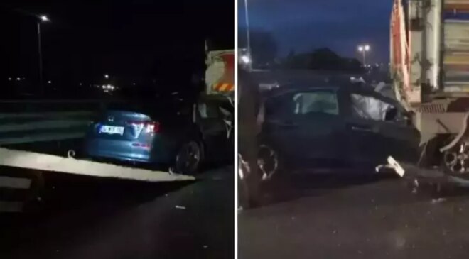 Seyir halindeyken tekeri kopan otomobil kamyona çarptı