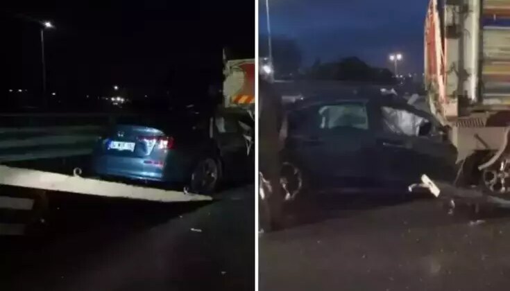 Seyir halindeyken tekeri kopan otomobil kamyona çarptı